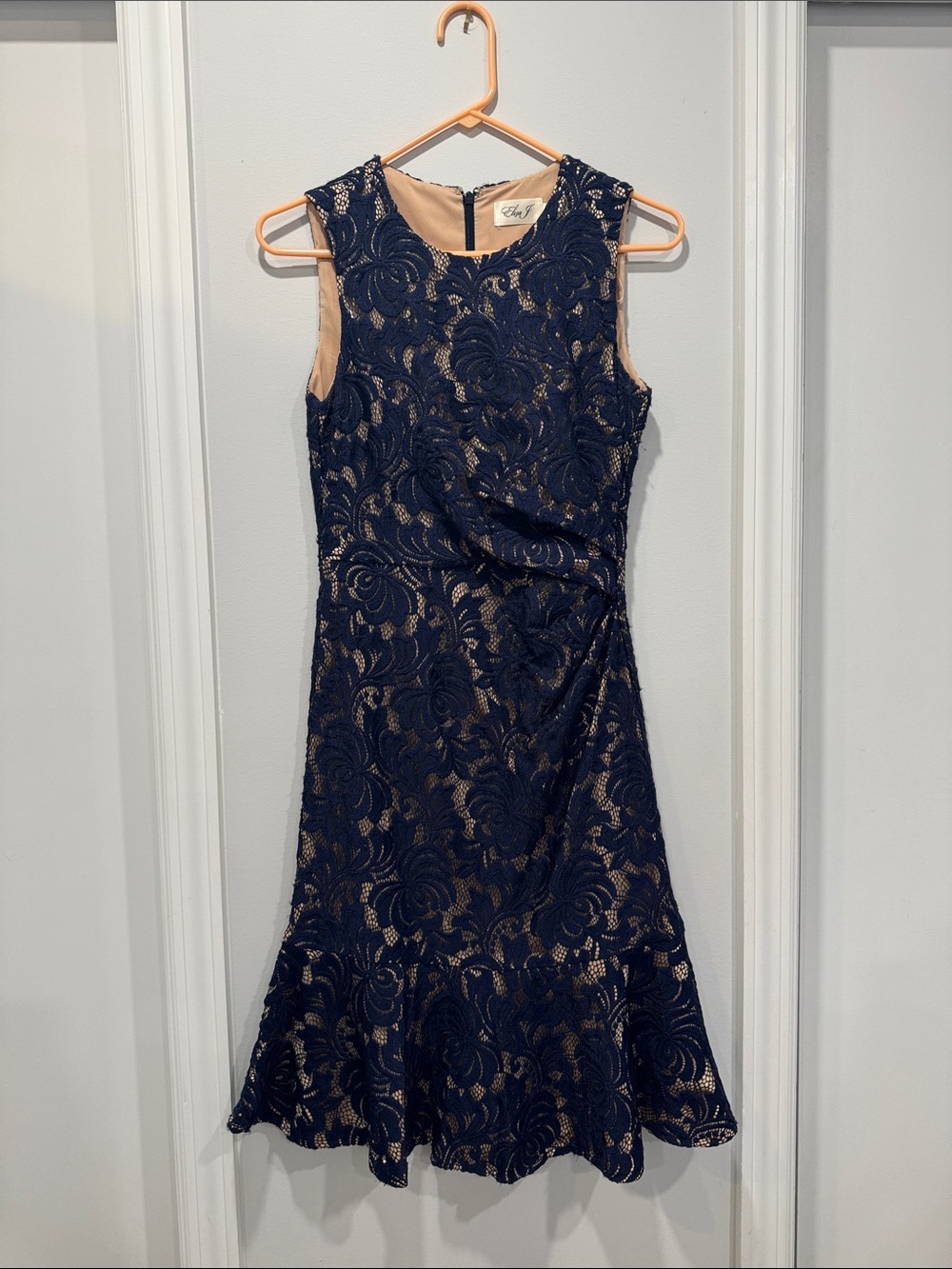 Vintage Eliza J Navy Lace Midi Dress with Nude Underlay